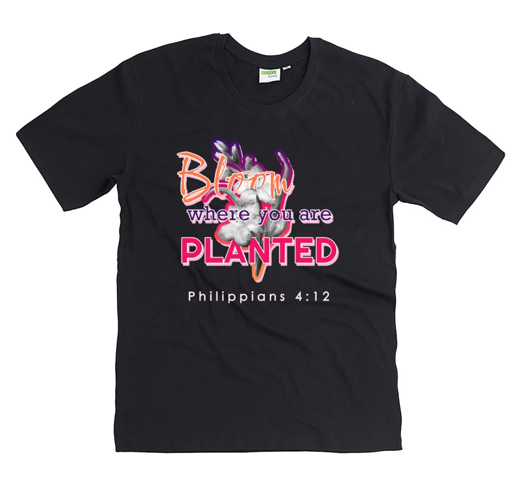 Bloom where you are planted design on t-shirt mockup